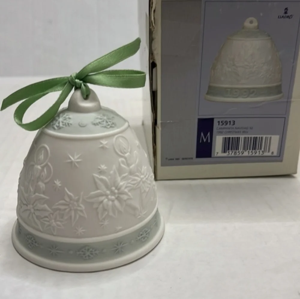 1992 Lladro White Floral Bell Ornament with Green Ribbon